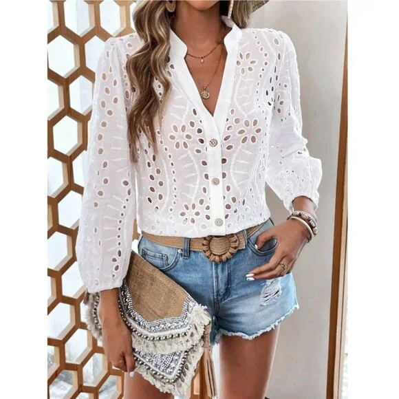 Boho gypsy button down shirt eyelet lace white - Picture 1 of 2